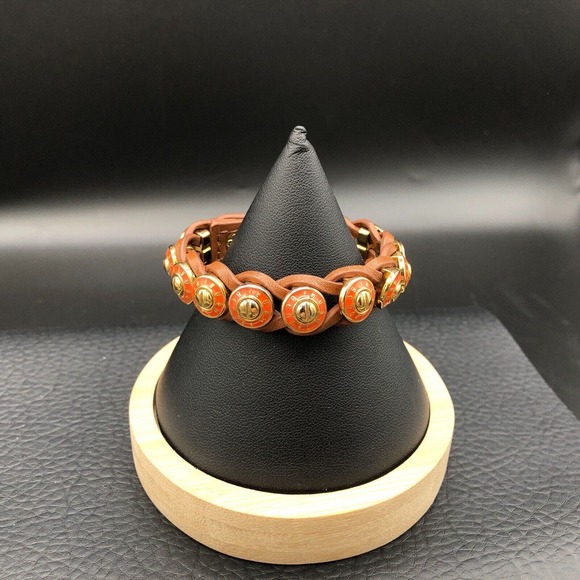 Henri Bendel Orange Rivet Wrap Bracelet Gold Tone Hobnails Soft Braided Leather - Picture 2 of 9